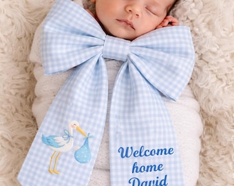 Welcome Home  Embroidered Baby Boy Stork Wreath Sash, It’s a Boy Door Bow, It's a Boy Door Bow, Custom Baby Name, Newborn Door Decor Gift