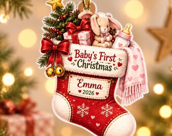 Personalized Baby First Christmas Ornament 2026, Custom Name Baby Girl Stocking Ornament, Newborn Gift, 2D Flat Christmas Keepsake Ornament