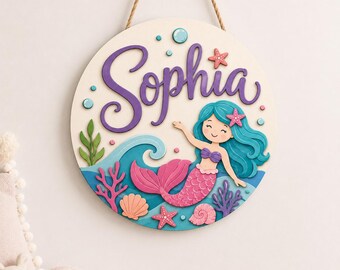 Personalized Mermaid Name Sign, Custom Girls Room Door Hanger, Under The Sea Nursery Wall Decor, Ocean Theme Gift, Kids Round Wood Sign