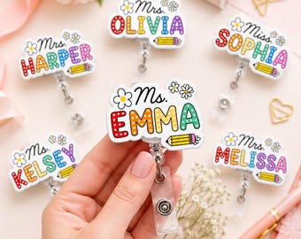 Personalized Teacher Badge Reel, Custom Name Badge Reel, Daisy Pencil Retractable ID Holder, Back To School Badge Reel, Gift for Teacher