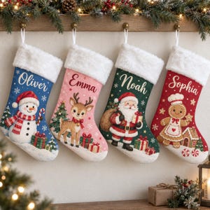 May include: Four Christmas stockings with white faux fur cuffs hanging in a row. The blue stocking features a snowman, the pink one a reindeer, the green one Santa Claus, and the red one a gingerbread person. Each is personalized with a name.