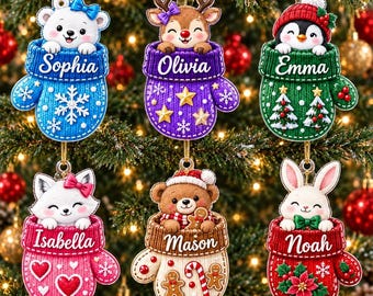 Personalized Christmas Ornament 2026, Custom Name Mitten Ornament, Cute Animal Christmas Tree Decor, Kids Holiday Keepsake Gift Christmas