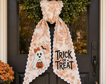Custom Halloween Wreath Sash Bow, Trick  Treat Wreath Bow, Ghost Pumpkin Front Door, Personalized Halloween Wreath Decor, Fall Porch Decor