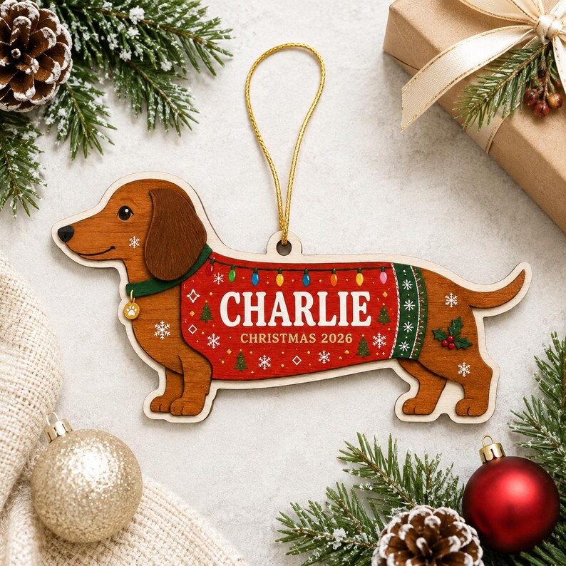 May include: A wooden dachshund ornament featuring a red sweater with green trim, decorated with colorful Christmas lights, snowflakes, and holly. The sweater displays the text CHARLIE and CHRISTMAS 2026 in white. A gold cord is attached for hanging.