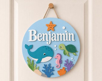 Personalized Ocean Name Sign, Custom Under The Sea Door Hanger, Whale Turtle Nursery Wall Decor, Kids Room Baby Gift, Round Wood Sign Gift