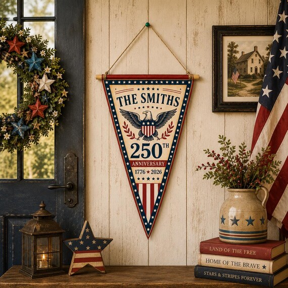 Personalized America 250th Anniversary Pennant Banner, Patriotic Door Hanger, 1776 2026 USA Wall Decor, Independence Day Decor