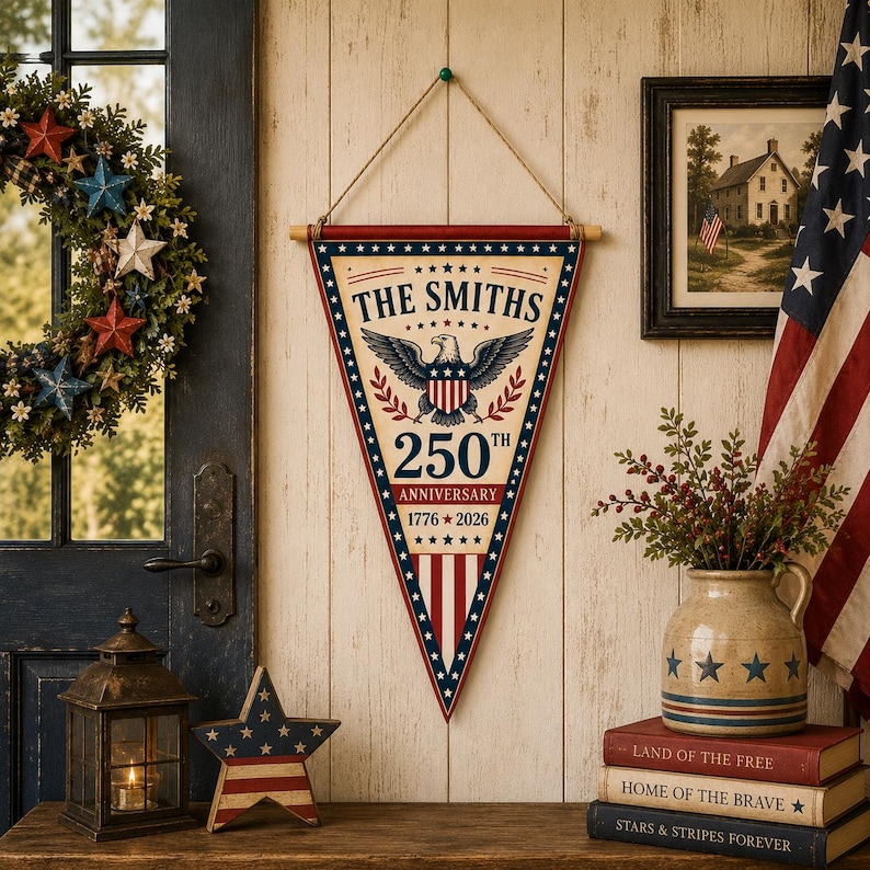 May include: A triangular wall pennant featuring a cream background with a blue border and red stars. It displays a bald eagle emblem, the text THE SMITHS, 250TH ANNIVERSARY, and 1776-2026. The design includes red and white vertical stripes at the bottom.