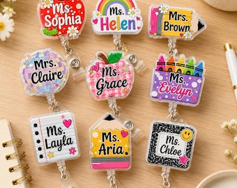 Personalized Teacher Badge Reel, Custom Pencil Badge Holder, Retractable Nurse ID Reel, Teacher Name Badge Clip, Back To School  Badge Reel