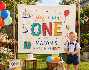 First Birthday Banner, Yay I Am One Backdrop, Custom Name 1st Birthday Party Decor, One Year Old Birthday Banner, Colorful Kids Party Sign