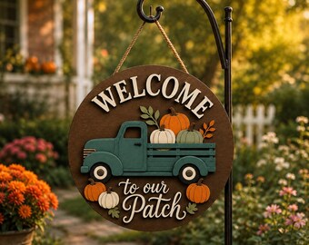 Personalized Fall Pumpkin Truck Door Sign, Welcome to Our Patch Wooden Door Hanger, Rustic Farmhouse Autumn Porch Decor Patch Autumn
