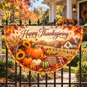 Peut inclure: Une bannière semi-circulaire Happy Thanksgiving illustrant un paysage automnal avec des citrouilles, des tournesols, du blé et une ferme. La bannière affiche le texte Happy Thanksgiving et une caisse en bois marquée Grateful, Thankful, Blessed, avec des œillets métalliques.