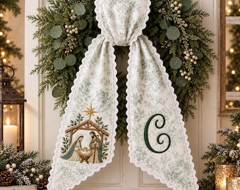 Personalized Christian Christmas Wreath Sash, Nativity Monogram Wreath Bow, Embroidered Holy Family Door Decor, Religious Christmas Gift