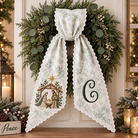 Personalized Christian Christmas Wreath Sash, Nativity Monogram Wreath Bow, Embroidered Holy Family Door Decor, Religious Christmas Gift