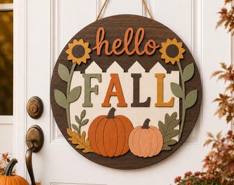 Hello Fall Door Sign, Fall Door Hanger, Autumn Pumpkin Door Decor, Sunflower Welcome Sign, Farmhouse Wood Door Wreath, Thanksgiving Decor