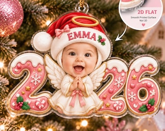 Personalized Baby Photo Christmas Ornament 2026, Custom Name Angel Ornament, Baby First Christmas Gift, Memorial Keepsake, 2D Flat Decor