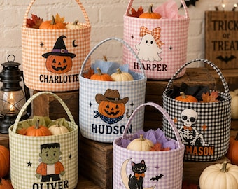 Personalized Halloween Printed Basket, Custom Trick or Treat Bag, Gingham Candy Bucket Kid, Halloween Boo Basket, Ghost Pumpkin Treat Bag