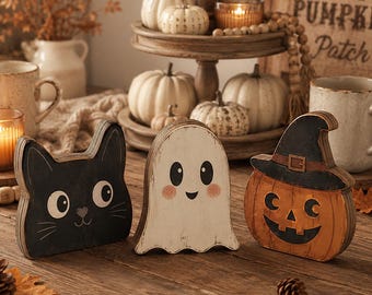 Halloween Wooden Block Decor Set, Black Cat Ghost Pumpkin Shelf Sitters, Rustic Farmhouse Halloween Tiered Tray Decor, Fall Wood Blocks