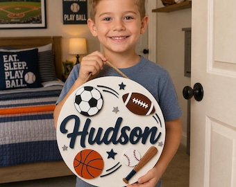 Personalized Sports Name Sign, Custom Kids Room Door Hanger, Soccer Baseball Football Basketball Wall Decor, Boys Bedroom Gift, Round Sign