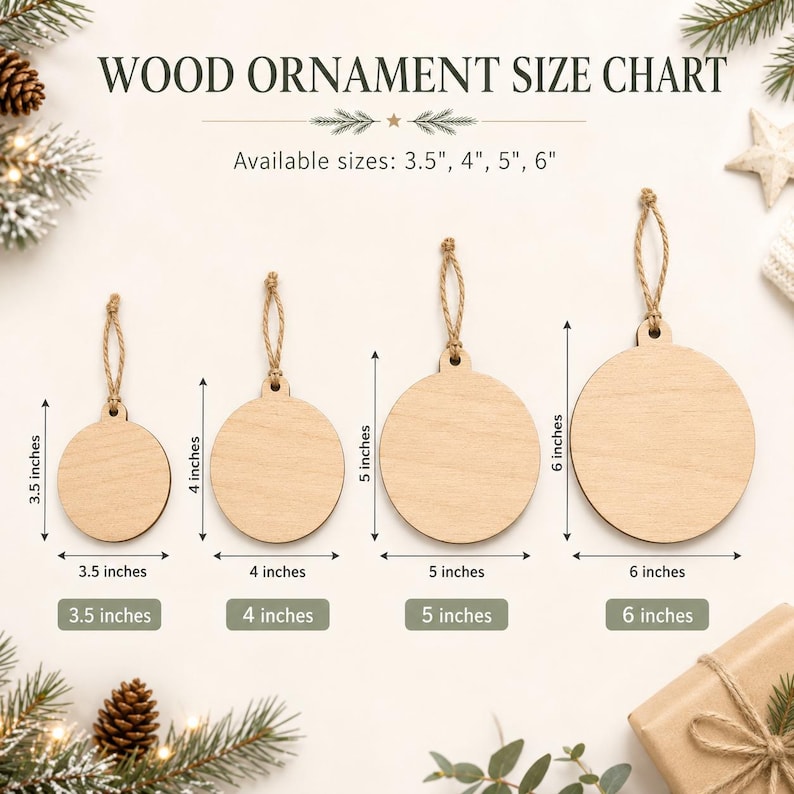 May include: A wood ornament size chart displaying four circular light brown wooden ornaments with jute twine loops. The text reads WOOD ORNAMENT SIZE CHART and lists available sizes as 3.5 inches, 4 inches, 5 inches, and 6 inches.