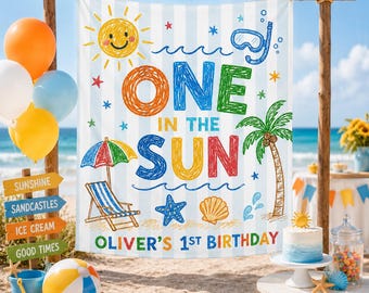 One in the Sun Birthday Banner, Summer First Birthday Backdrop, Beach Party Tapestry, Personalized 1st Birthday Decor, Kids Party Sign