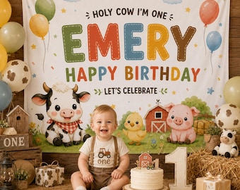 Holy Cow I'm One Birthday Backdrop, Personalized Farm 1st Birthday Banner, Custom Name Barnyard Tapestry, Cow Party Photo Booth Decor