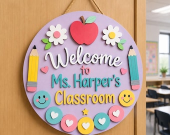 Personalized Teacher Classroom Door Sign, Custom Welcome Sign, Back to School Decor, Teacher Gift, Wood Door Hanger, Classroom Decor Gift