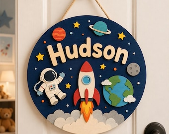 Personalized Space Name Sign, Custom Rocket Door Hanger, Astronaut Kids Room Decor, Outer Space Nursery Wall Art, Round Wood Baby Gift