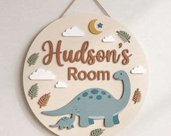 Personalized Dinosaur Name Sign, Custom Kids Room Door Hanger, Dino Nursery Wall Decor, Boys Bedroom Decor, Round Wood Sign, Baby Gift Dino