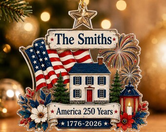 Personalized USA 250th Anniversary Ornament 1776–2026, Custom Family Name Patriotic Ornament, USA Semiquincentennial Christmas Tree Decor