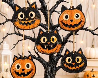 Halloween Cat Pumpkin Vintage  Wooden Ornament, 2D Flat Hanging Decoration, Black Cat Wood Sign, Rustic Halloween Tree Decor Gift Ornament