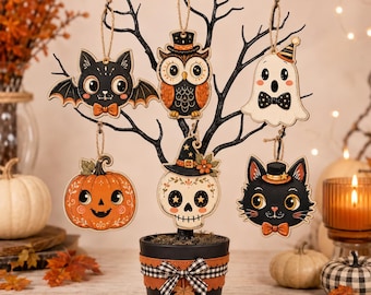 Halloween Wooden Hanging Ornaments Set, Cute Ghost Owl Decor, Black Cat Bat Pumpkin Skull Wood Tree Ornament, Fall Farmhouse Decor Halloween