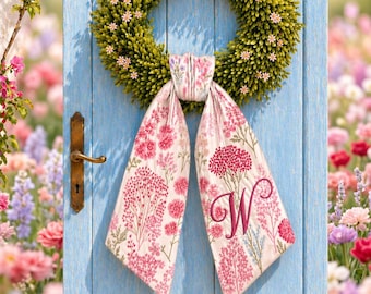 Summer Floral Wreath Sash, Embroidered Flower Door Bow, Personalized Monogram Sash, Front Door Decor, Cottage Garden Home Gift Sash