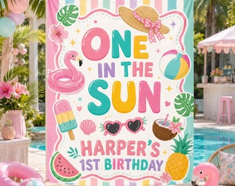One In The Sun Birthday Banner, Tropical 1st Birthday Backdrop, Summer Pool Party Banner, Flamingo Beach Birthday Decor, Custom Name Banner