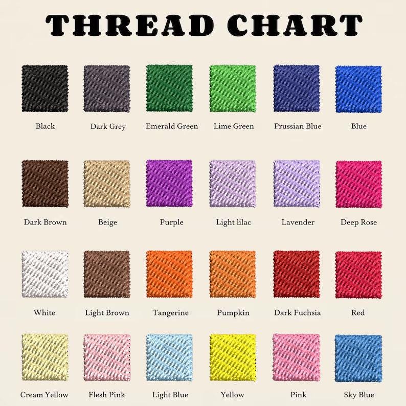 May include: A thread chart featuring twenty-four square swatches of embroidery thread arranged in four rows. Each swatch is labelled with its corresponding colour name, including black, dark grey, emerald green, lime green, blue, brown, and pink.