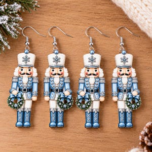 Blue Nutcracker Christmas Earrings 2026, Acrylic Nutcracker Dangle Earrings, Christmas Wreath Earrings, Holiday Jewelry Gift for Her