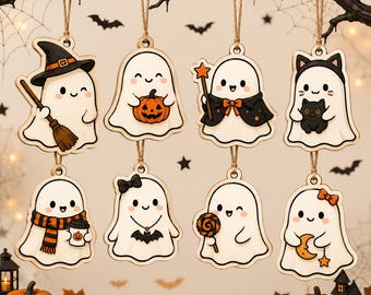 Cute Halloween Ghost Ornament, 2D Flat Ghost Tree Decor, Personalized Spooky Pumpkin Ornament, Halloween Party Decor, Fall Hanging Gift