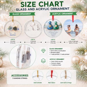 May include: A size chart for glass and acrylic ornaments showing four circular and heart-shaped designs with dimensions in inches and centimeters. It includes details on material thickness, printing options, and three hanging string accessories.
