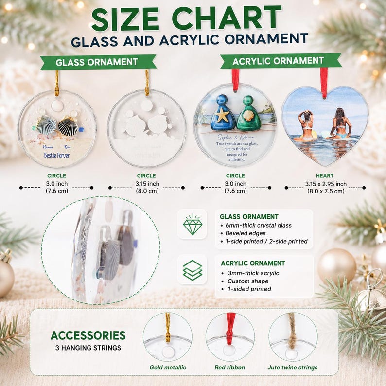 May include: A size chart for glass and acrylic ornaments showing four circular and heart-shaped designs with dimensions in inches and centimeters. It includes details on material thickness, printing options, and three hanging string accessories.
