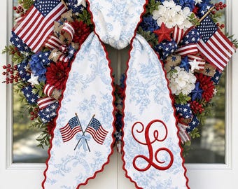 Custom Patriotic Embroidered Wreath Sash, 4th of July Door Bow, Personalized Monogram Americana Decor, Personalized Independence Day Sash
