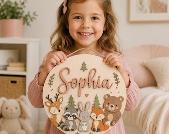 Personalized Woodland Name Sign, Custom Kids Room Door Hanger, Forest Animal Nursery Wall Decor, Baby Room Gift, Round Wood Sign Animal