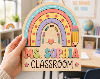 Personalized Teacher Classroom Door Sign, Rainbow Wooden Door Hanger, Custom Teacher Name Sign, Classroom Decor Gift, Back To School Gift