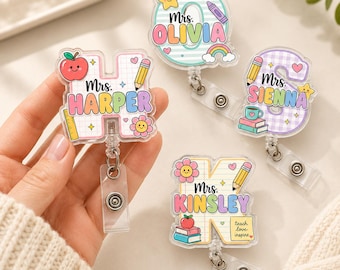 Personalized Teacher Badge Reel, Custom Acrylic Name Badge Holder, Cute Teacher ID Badge Clip, Back to School Teacher Gift, Teacher Gift