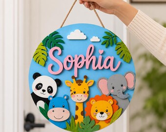 Personalized Safari Name Sign, Custom Jungle Animal Door Hanger, Kids Room Nursery Wall Decor, Baby Girl Nursery Gift, Round Wood Sign Hang