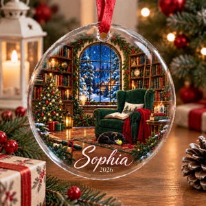 May include: A round, clear glass Christmas ornament featuring a printed scene of a cosy library with a green armchair, a cat, a Christmas tree, and a snowy window view. The name Sophia and the year 2026 are printed in white script at the bottom.