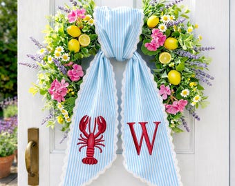 Lobster Wreath Sash with Scalloped Lace Edge, Embroidered Lobster Door Bow, Coastal Summer Front Door Decor, Nautical Wreath Accent Gift