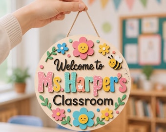 Personalized Bee Teacher Door Sign, Custom Classroom Welcome Sign, Floral Classroom Decor, Teacher Appreciation Gift, Back to School Hanger