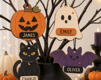 Personalized Halloween Ornament, Custom Name Wooden Pumpkin Ghost Black Cat Bat Ornament, Kids Spooky Gift, Halloween Tree Decor Wooden