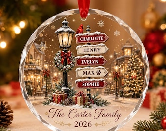 Personalized Family Christmas Ornament, Custom Name Crystal Glass Ornament, Family Christmas Keepsake, Snowy Village Holiday Gift 2026