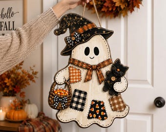 Halloween Ghost Door Hanger, Wooden Ghost Wall Decor, Fall Witch Hat Ghost Sign, Cute Halloween Door Decor, Autumn Home Decor Halloween