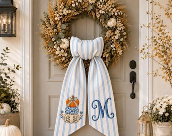 Personalized Pumpkin Wreath Sash Bow, Blue Stripe Fall Door Bow, Custom Monogram Autumn Wreath, Farmhouse Front Door Decor, Thanksgiving Bow